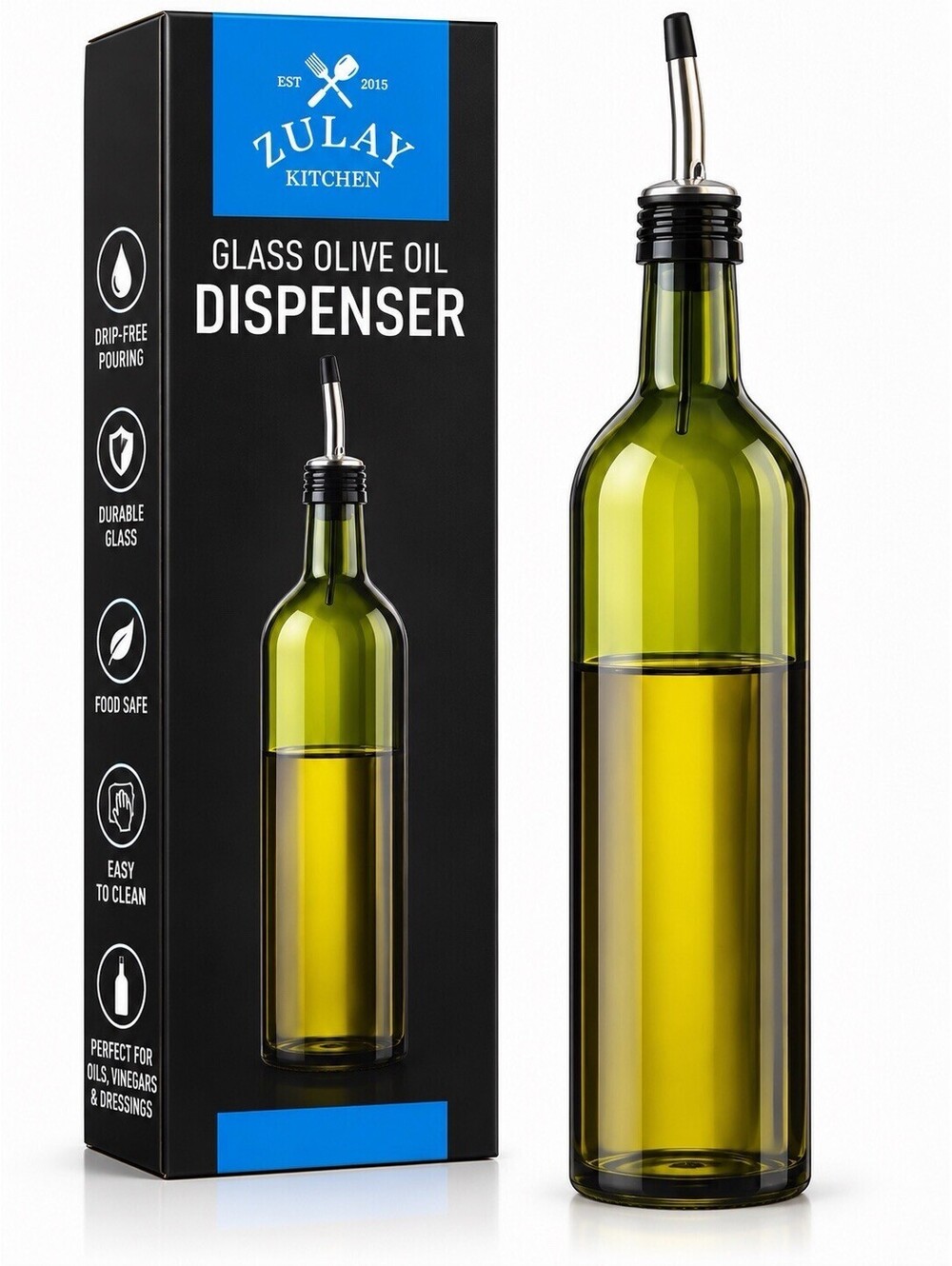 💙 Zulay Kitchen Glass Olive Oil Dispenser Bottle with Pour Spout